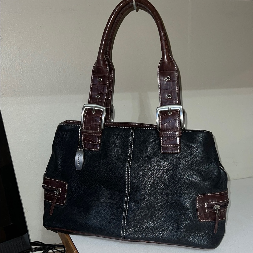Tignanello  pebbled leather Black and Brown Shoulder Bag croc embossed straps